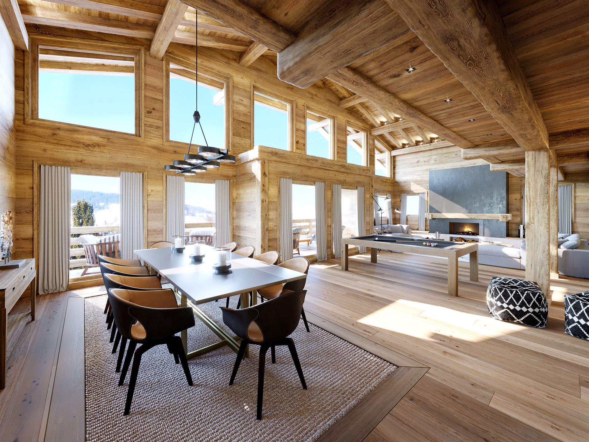 3D graphics of a rustic and modern mountain chalet