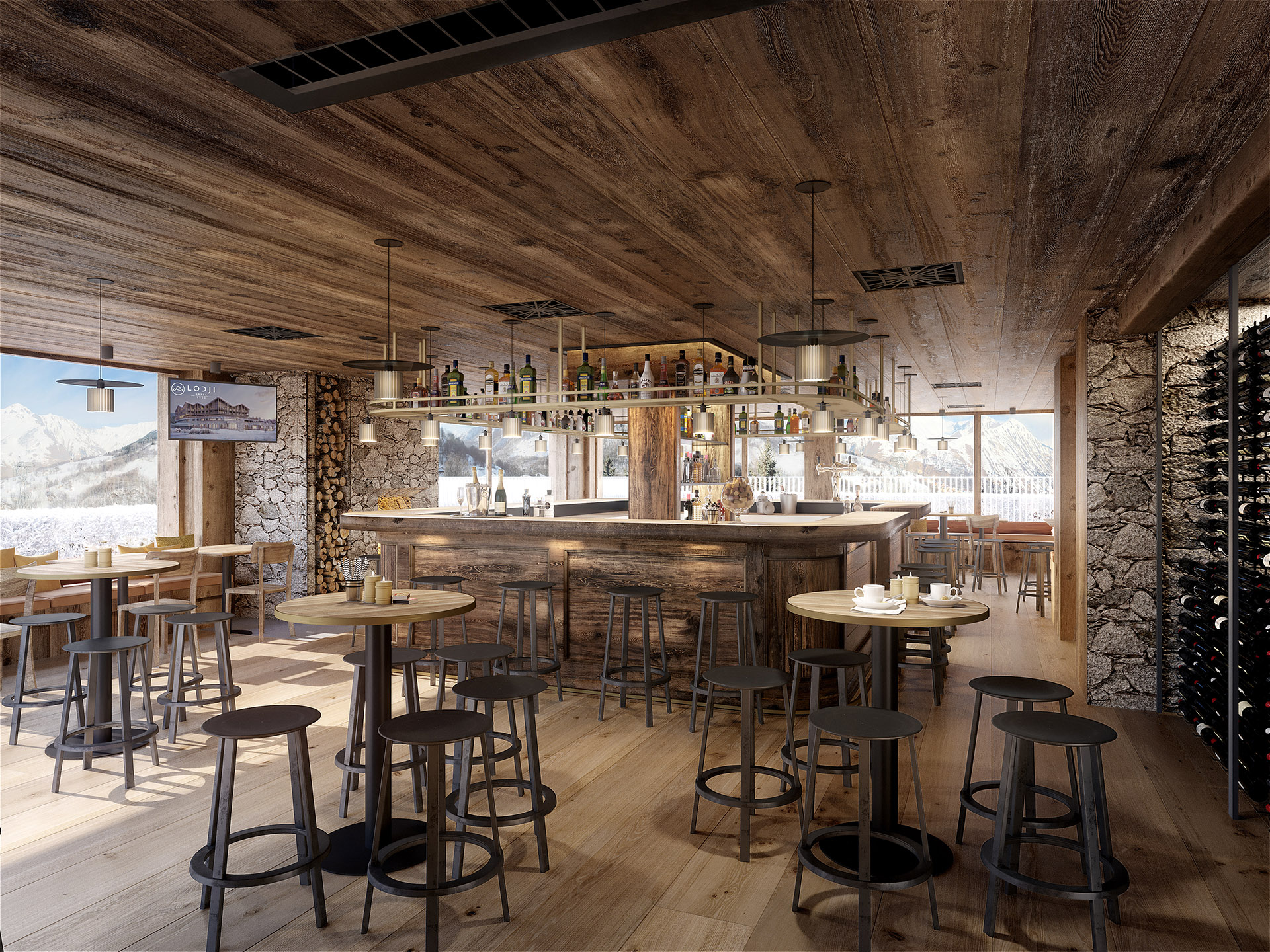 3D creation of the interior of a rustic mountain bar