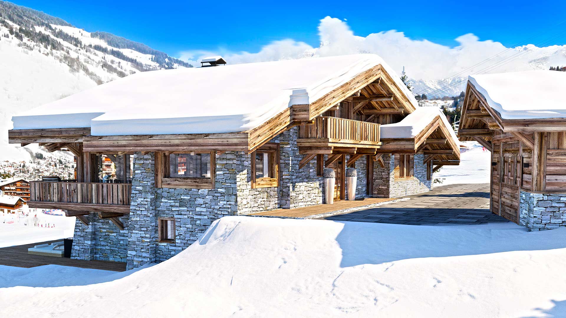 Creation of a 3D photo of a luxurious chalet in the mountains. 