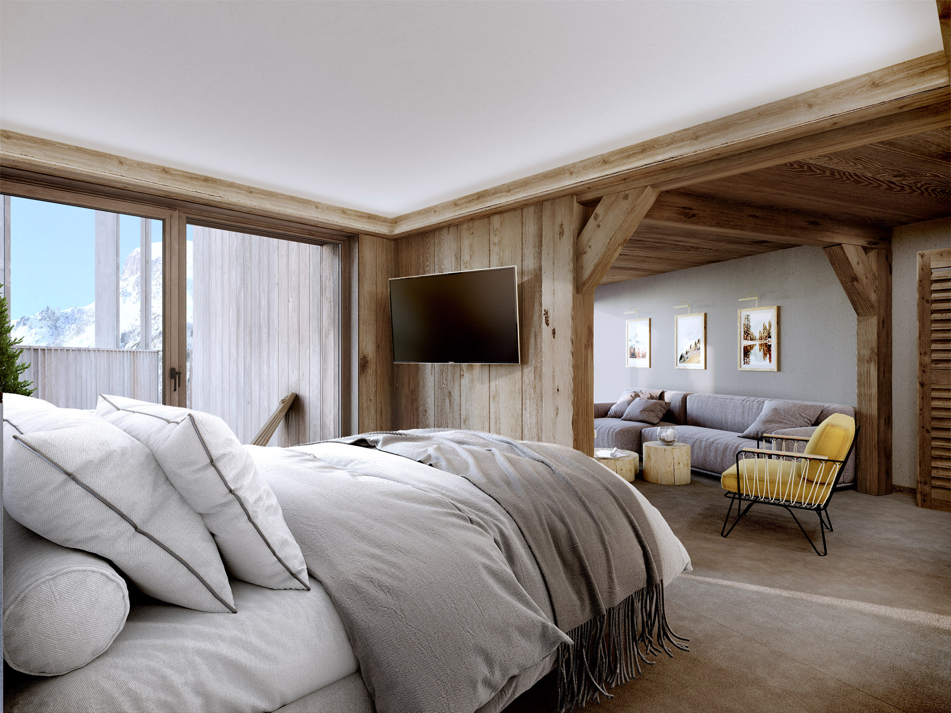 3D image of a hotel room in a mountain chalet 