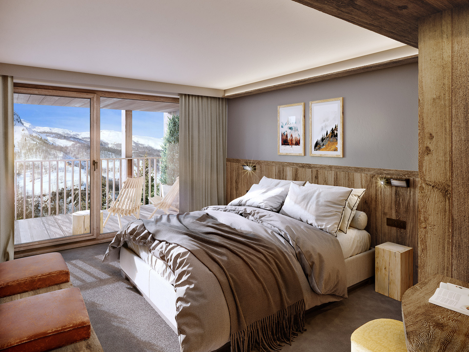 3D rendering of a room in a chalet in Chamonix