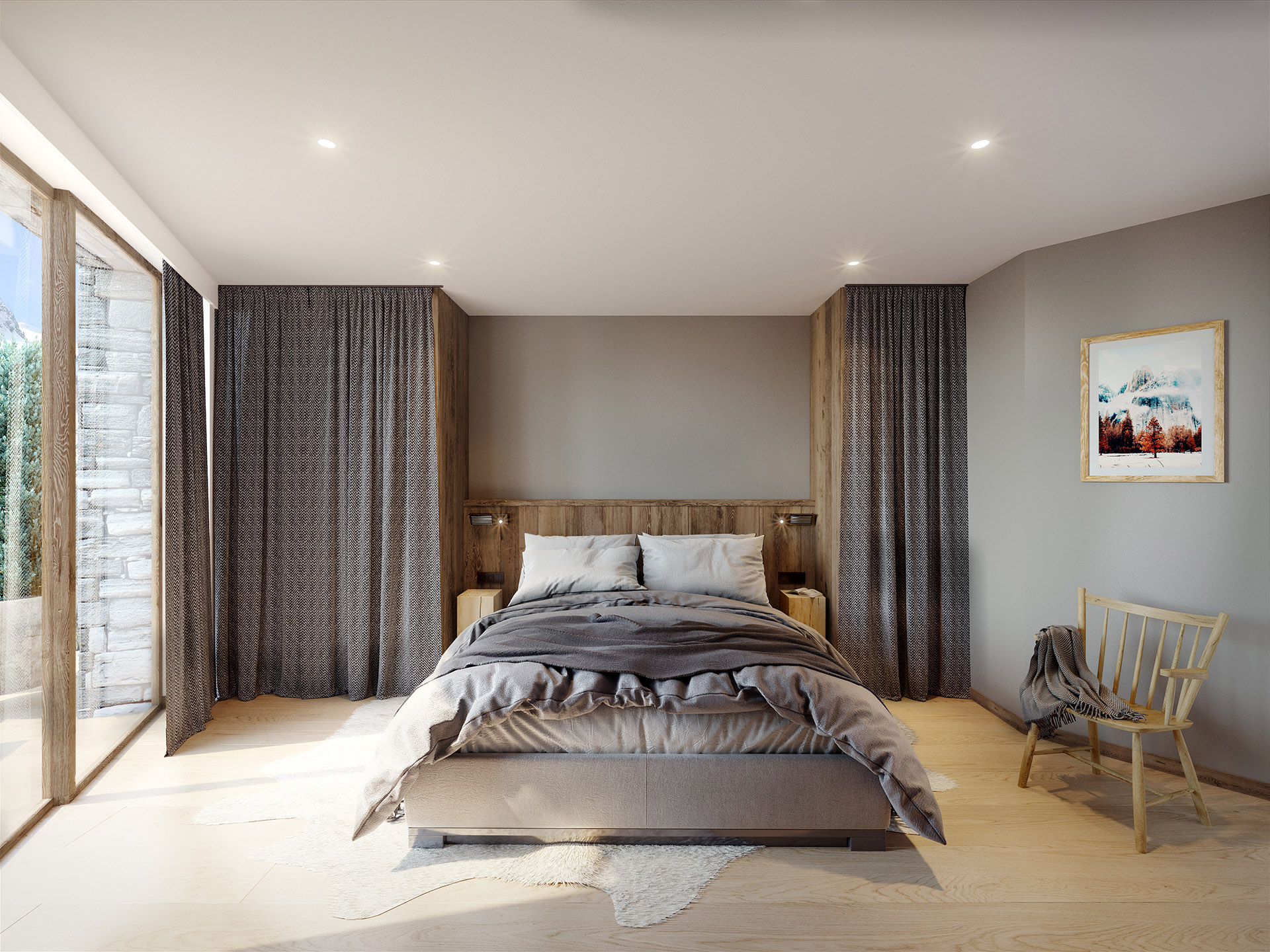 3D visualization of a modern bedroom in a chalet 