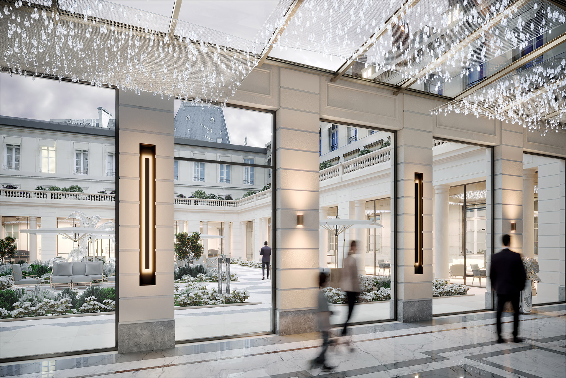 3D computer graphics of a luxurious gallery and its interior courtyard in Paris