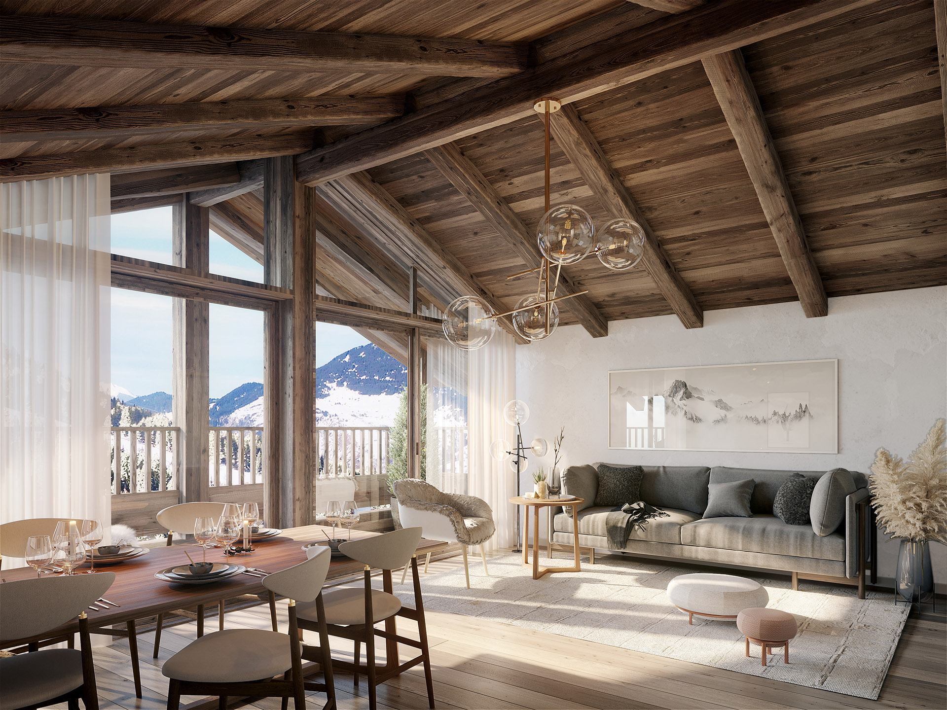 3D representation of the interior of a penthouse in Megève