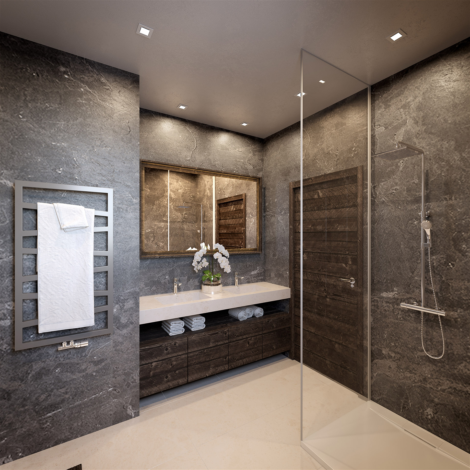 3D visualization of a luxurious bathroom in a chalet 