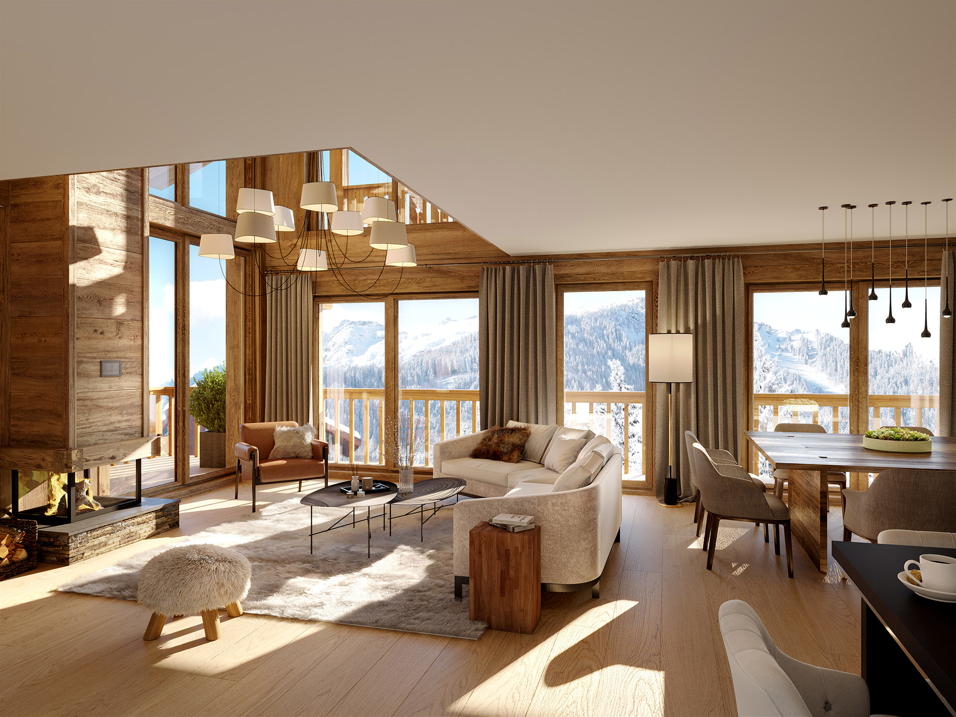 3D image of a modern and rustic apartment in a mountain chalet