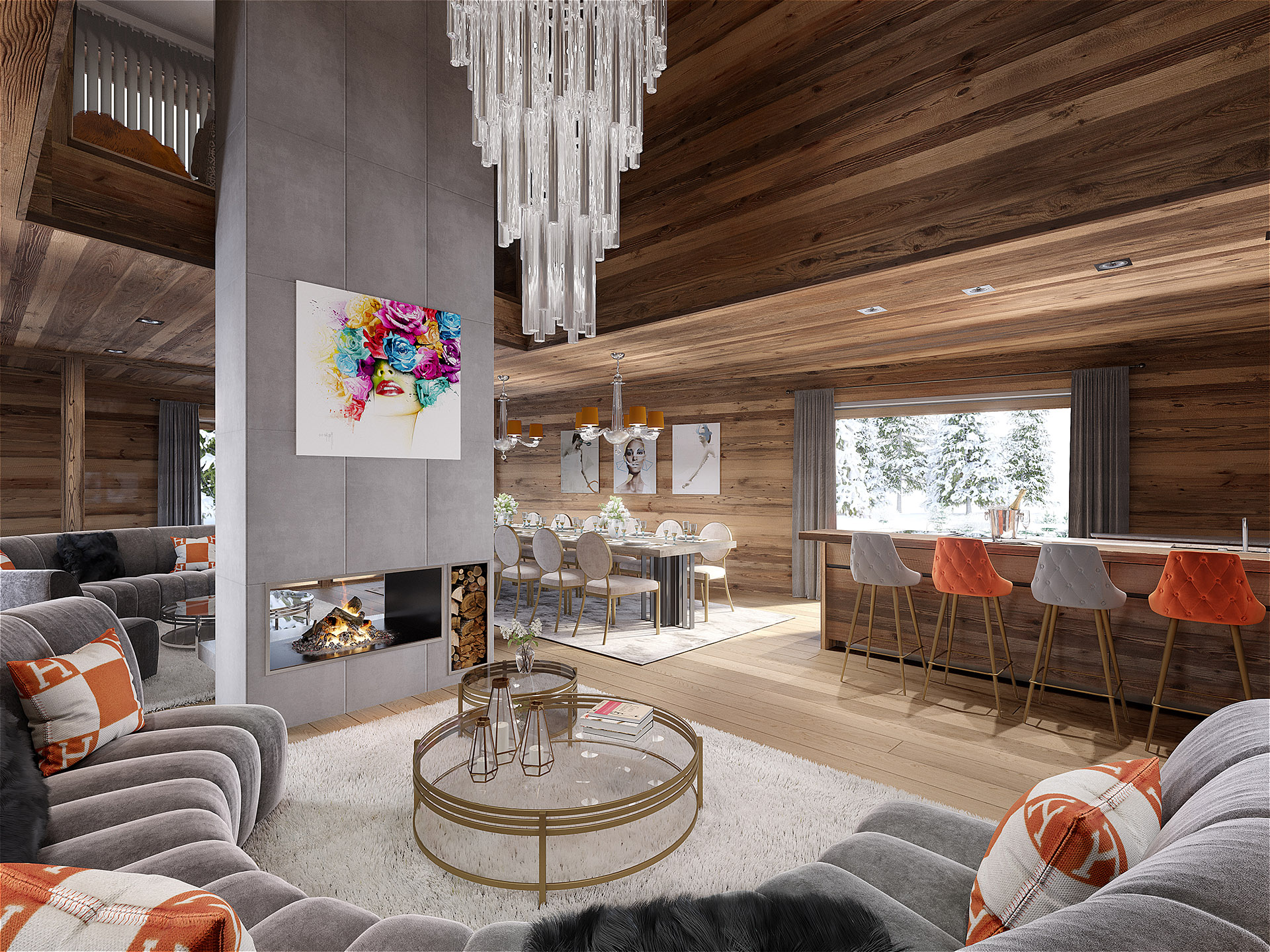 3D image of a luxury living room in a mountain chalet
