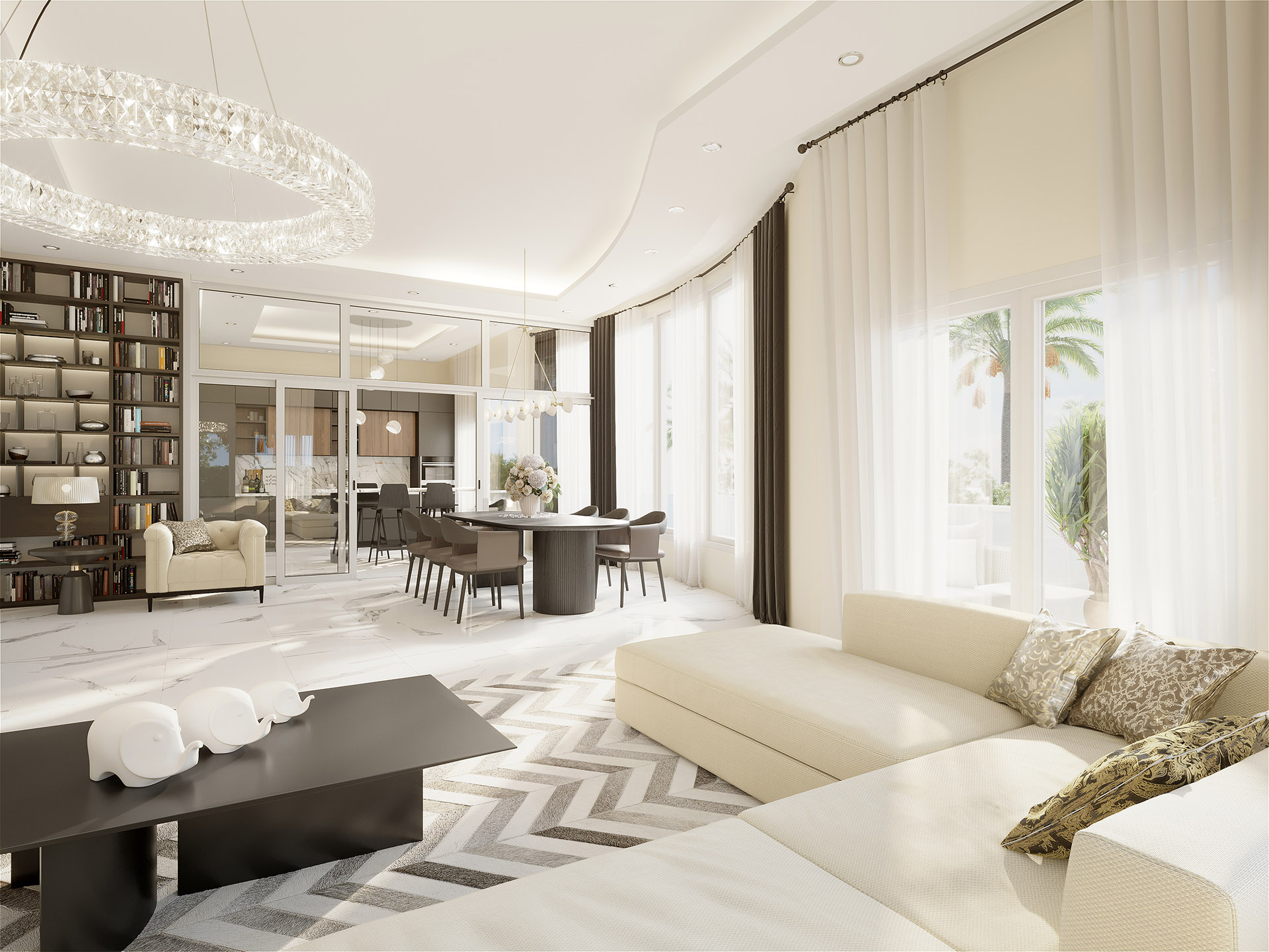 Luxurious and modern living room created by 3D computer graphics artists