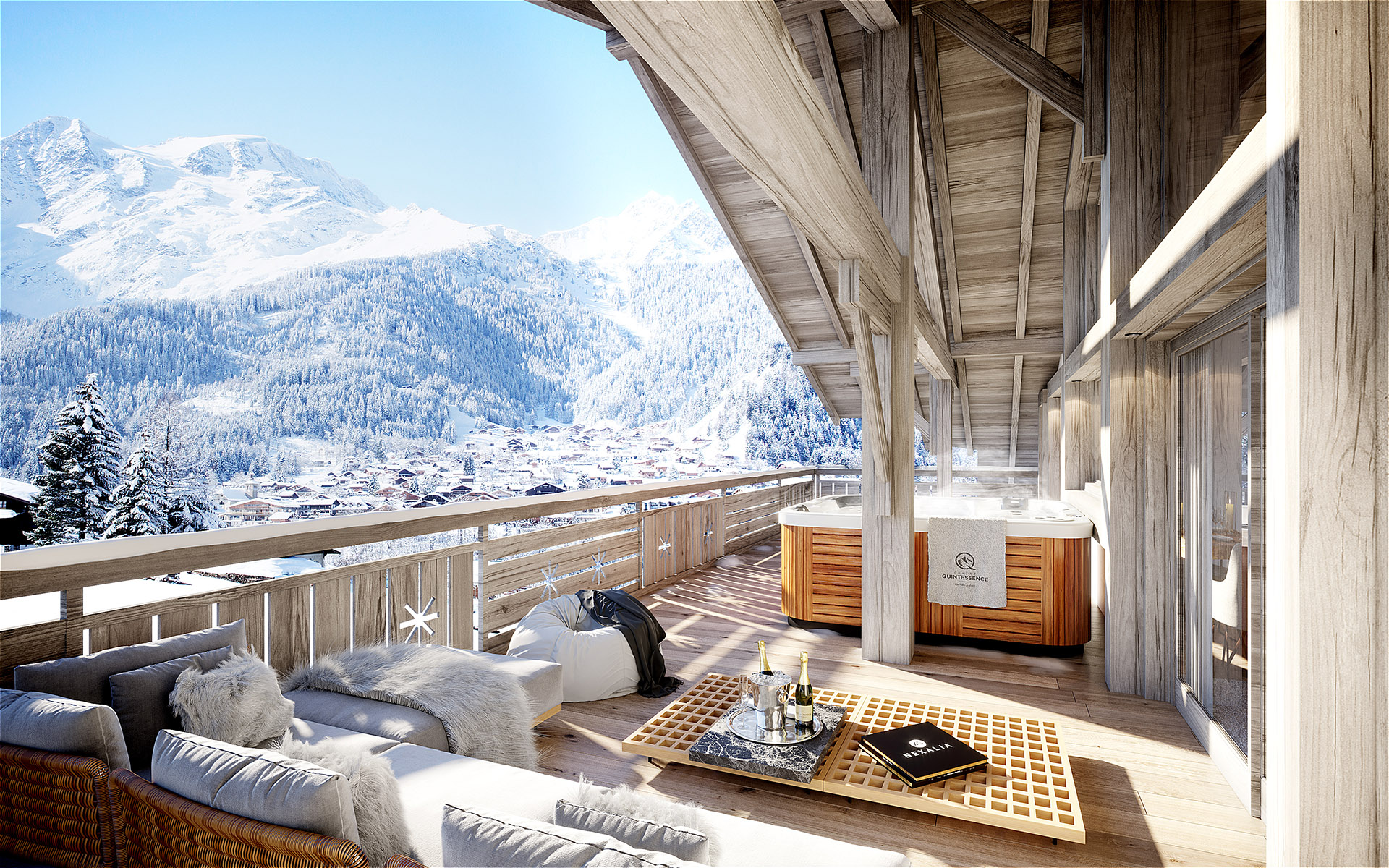 3D computer generated image of a chalet terrace with mountain view and spa