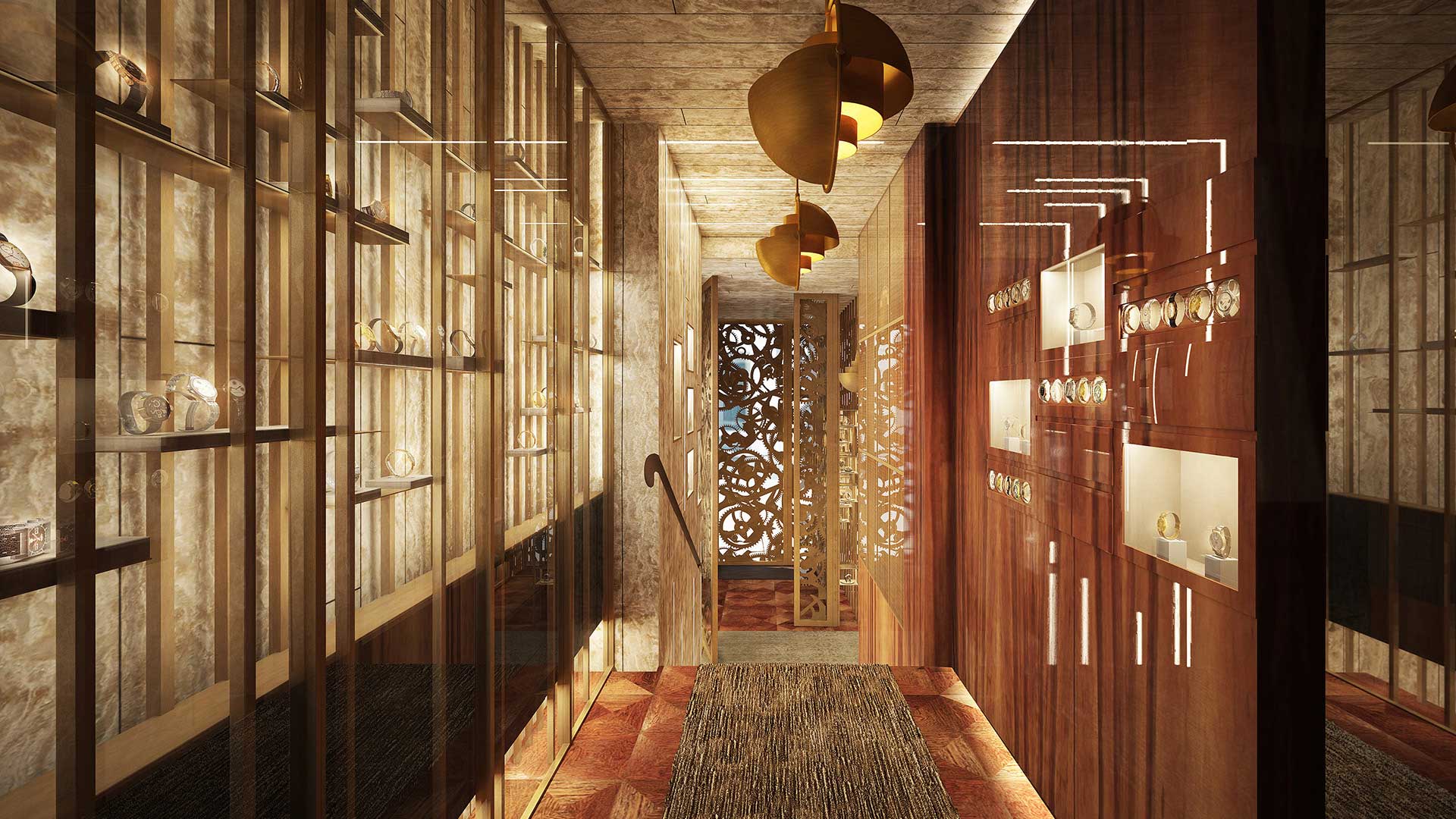 Creation of a 3D perspective of the interior of a luxurious watch store. 