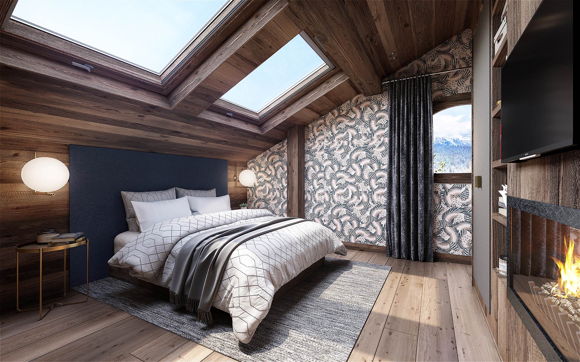 3D image of a bedroom in a luxury chalet