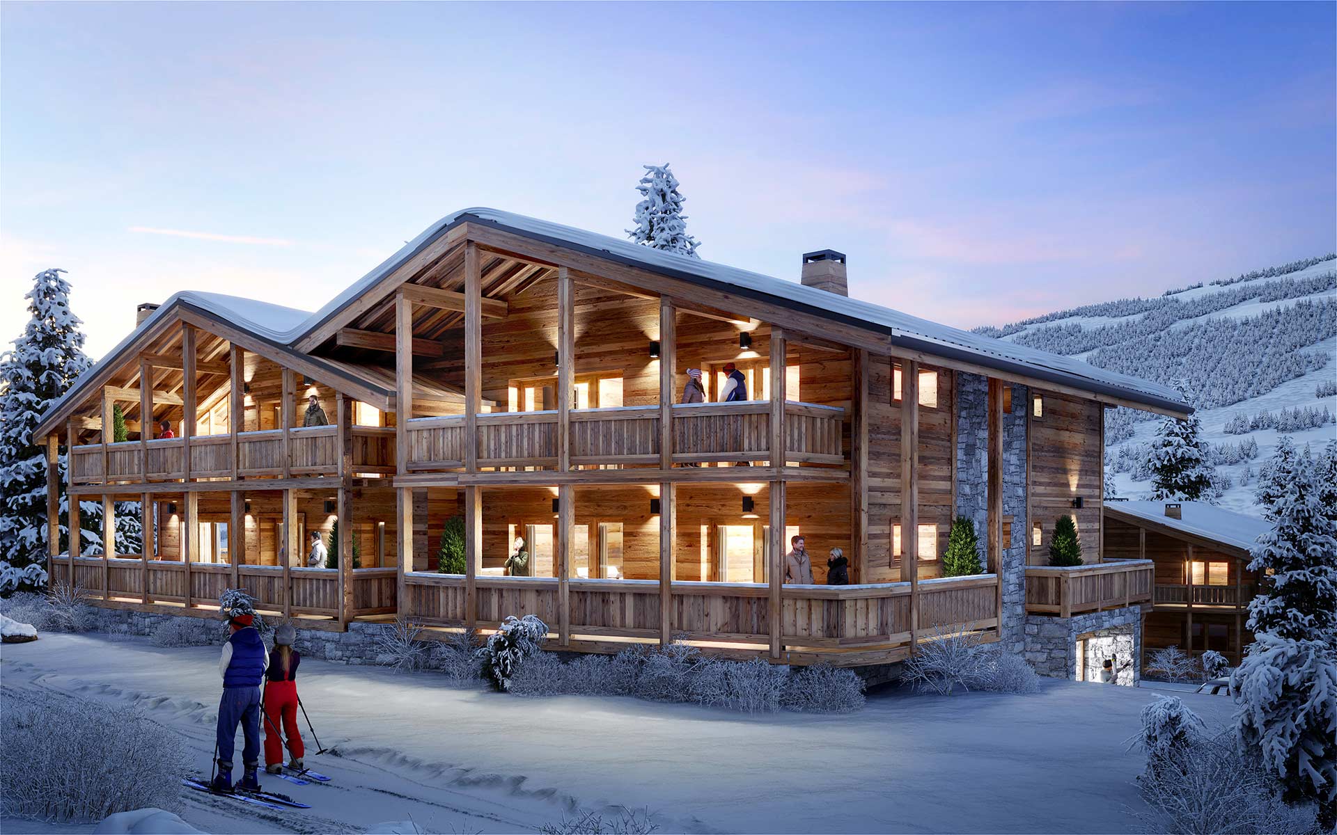 3D exterior visualization of a cosy family chalet in a snowy environment