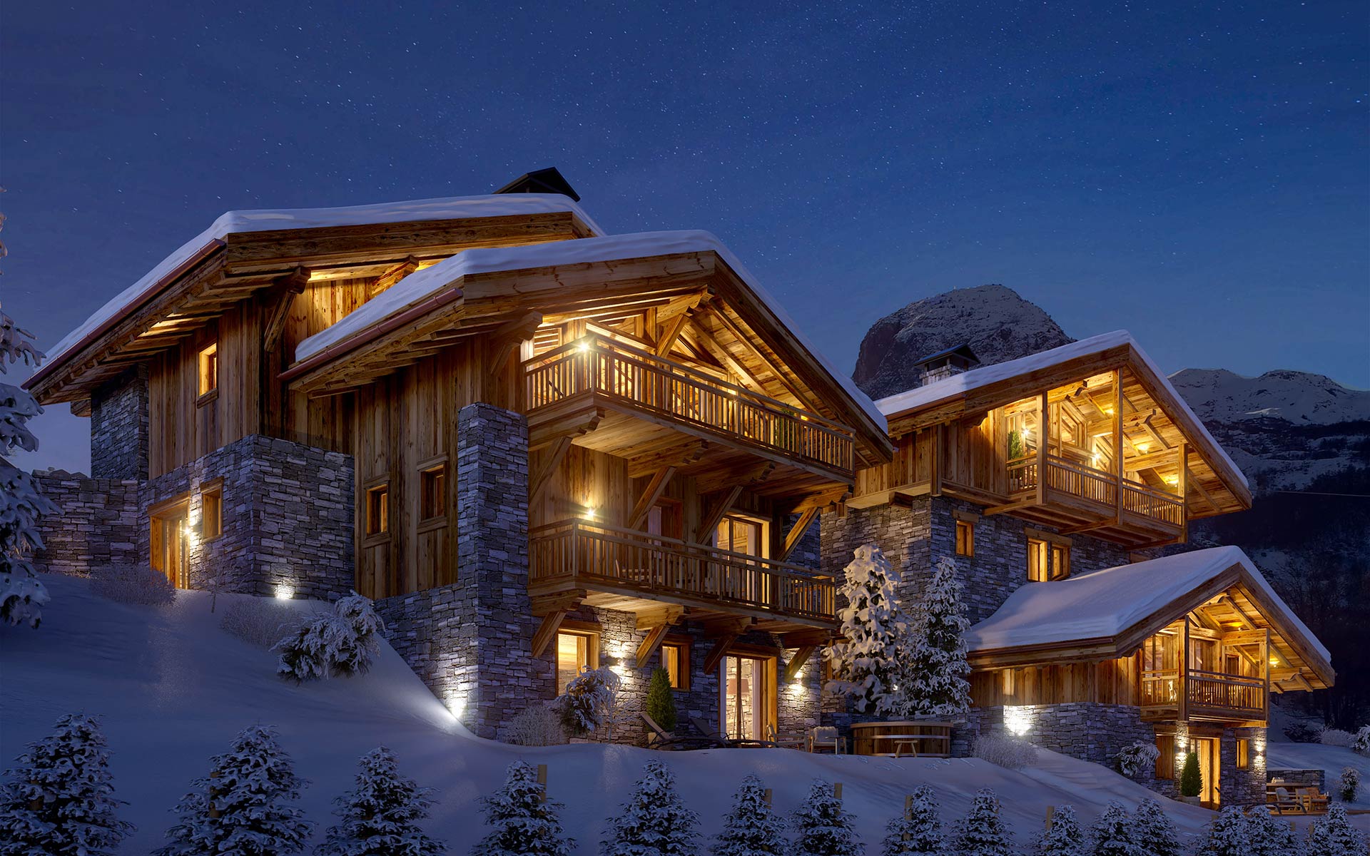 3D Exterior perspective of a chalet by night