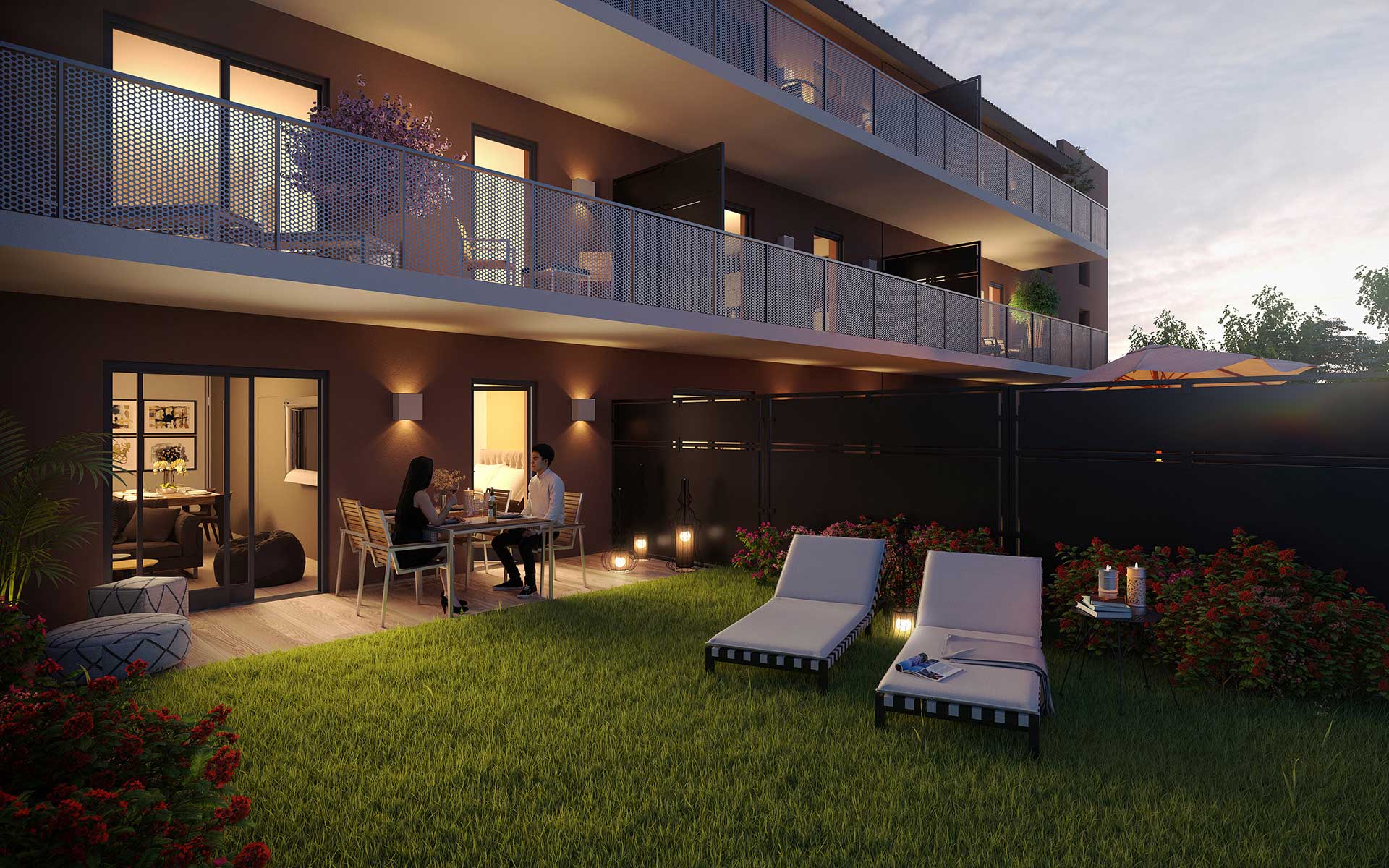 3D Perspective of a building and a night garden - real estate promotion.