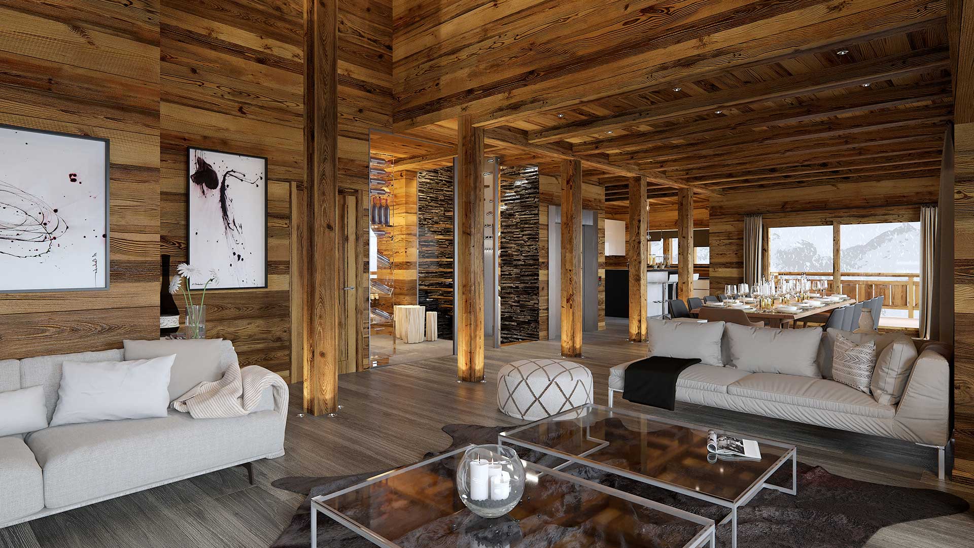 3D Real estate plan of the living room of a chalet in Megeve.