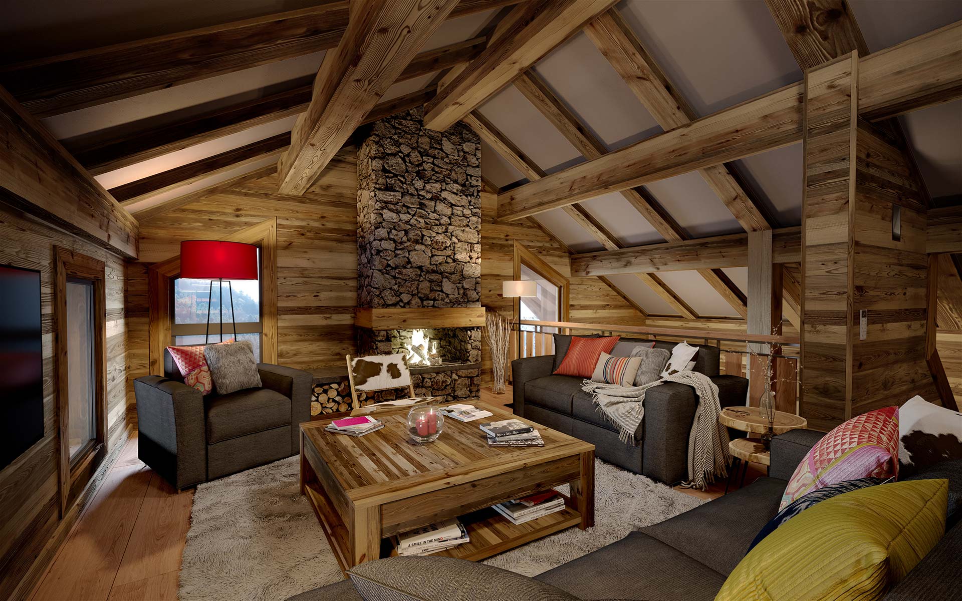 3D interior perspective of a cosy chalet apartment in Morzine