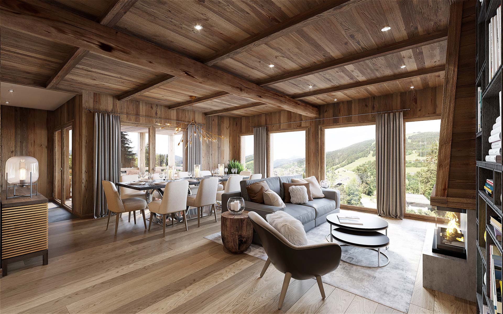 3D interior render of a luxury chalet apartment