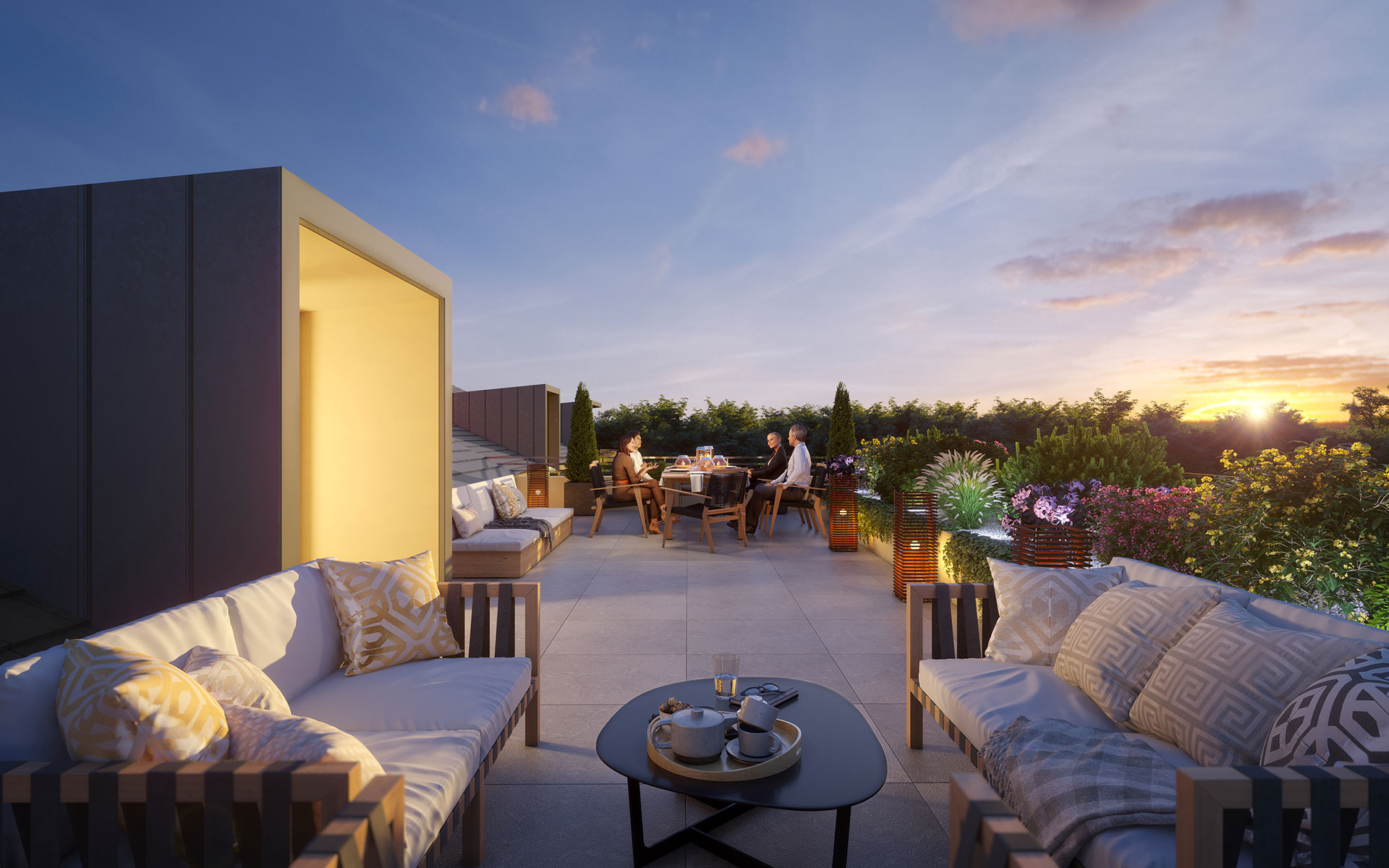 3D terrace perspective in a sunset mood for a the real estate development