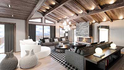 3D Living room of a luxurious chalet created by the 3D studio Valentin Studio.
