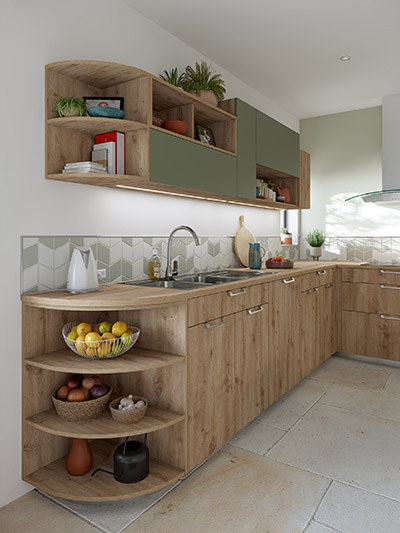 3D image of a modern green and wood kitchen with storage