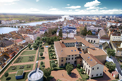 Photo montage 3D of a convent in the city in aerial view