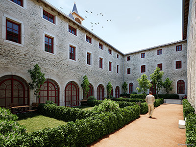 3D image of a renovated convent patio with individual gardens