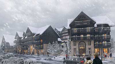 3D village covered in snow created by Valentin Studio, 3D Agency Lyon.