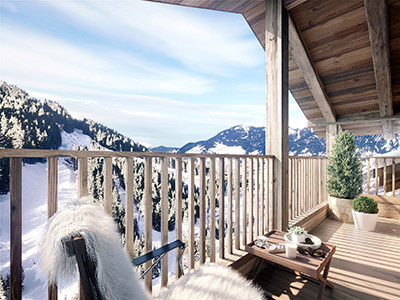 3D computer graphics of the terrace of a mountain chalet