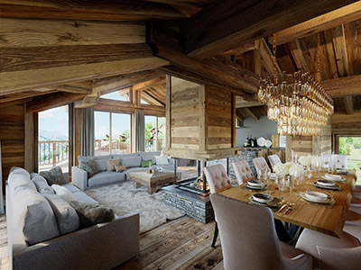3D image of a rustic and modern apartment in a chalet