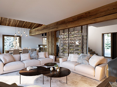 3D visualization of a living room and its wine cellar in a mountain chalet