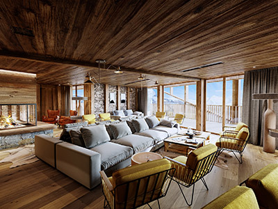 3D image of a lounge in a mountain chalet type hotel