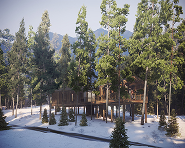 Image 3D dans une forêt enneigée d'un projet architectural de cabanes