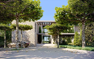 Rendu 3D extérieur d'une façade de villa pour un projet immobilier de luxe