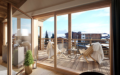 Image 3D d'un balcon avec des transats avec vue sur une ville de montagne