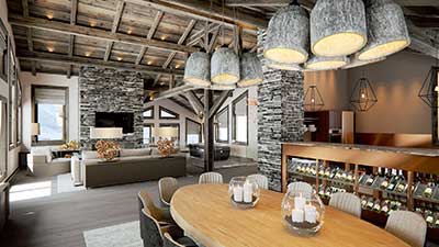 Luxurious dinning room of a chalet in the mountains made from 3D computer generated images architect