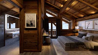 Rendering of a 3D perspective of a room of a luxurious chalet in the mountains.