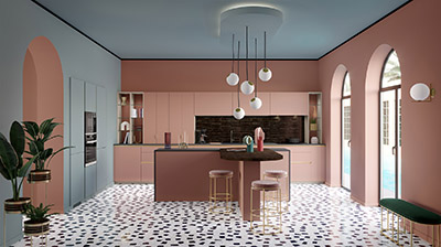 Image 3D d'une cuisine moderne rose et grise 