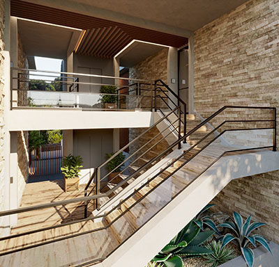 Escaliers et entrées d'appartement luxueux réalisés en 3D