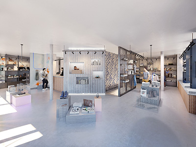 Image 3D d'un magasin de chaussures industriel et design
