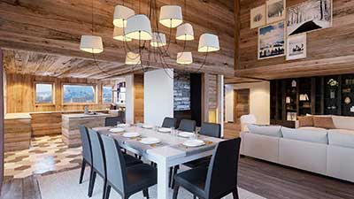 3D architecture Perspective of the dining room of a luxurious chalet created by our 3D studio.
