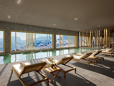 Image 3D d'une piscine intérieure dans un chalet avec vue sur la montagne