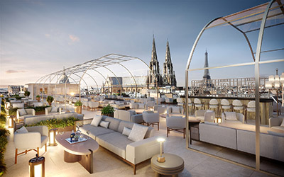Image de synthèse 3D d'une terrasse luxueuse surplombant Paris 