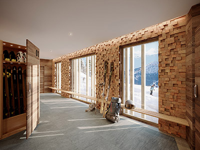 Représentation 3D d'une salle de ski moderne dans un chalet à la montagne