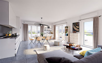 Image 3D de l'espace de vie d'un appartement moderne 
