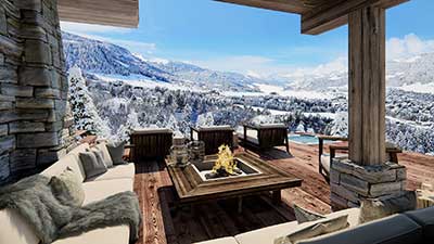 3D Photo, perspective made from computer generated images of a luxurious terrace of a chalet in the mountains.