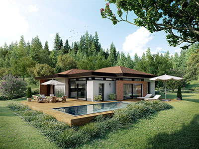 Réalisation 3D d'une maison individuelle à la campagne avec piscine