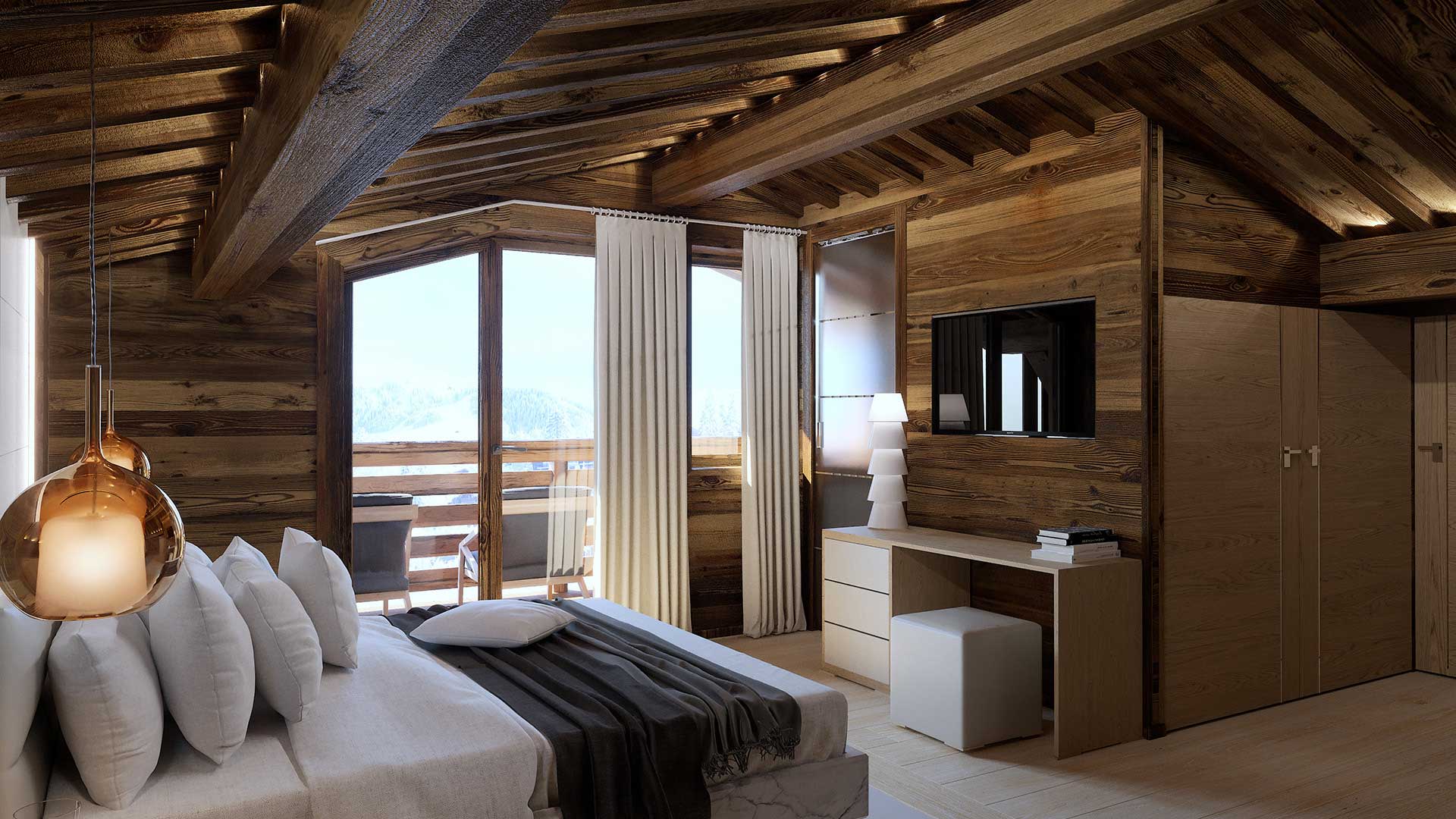 3D View of a room for the real estate promotion of a luxurious chalet.