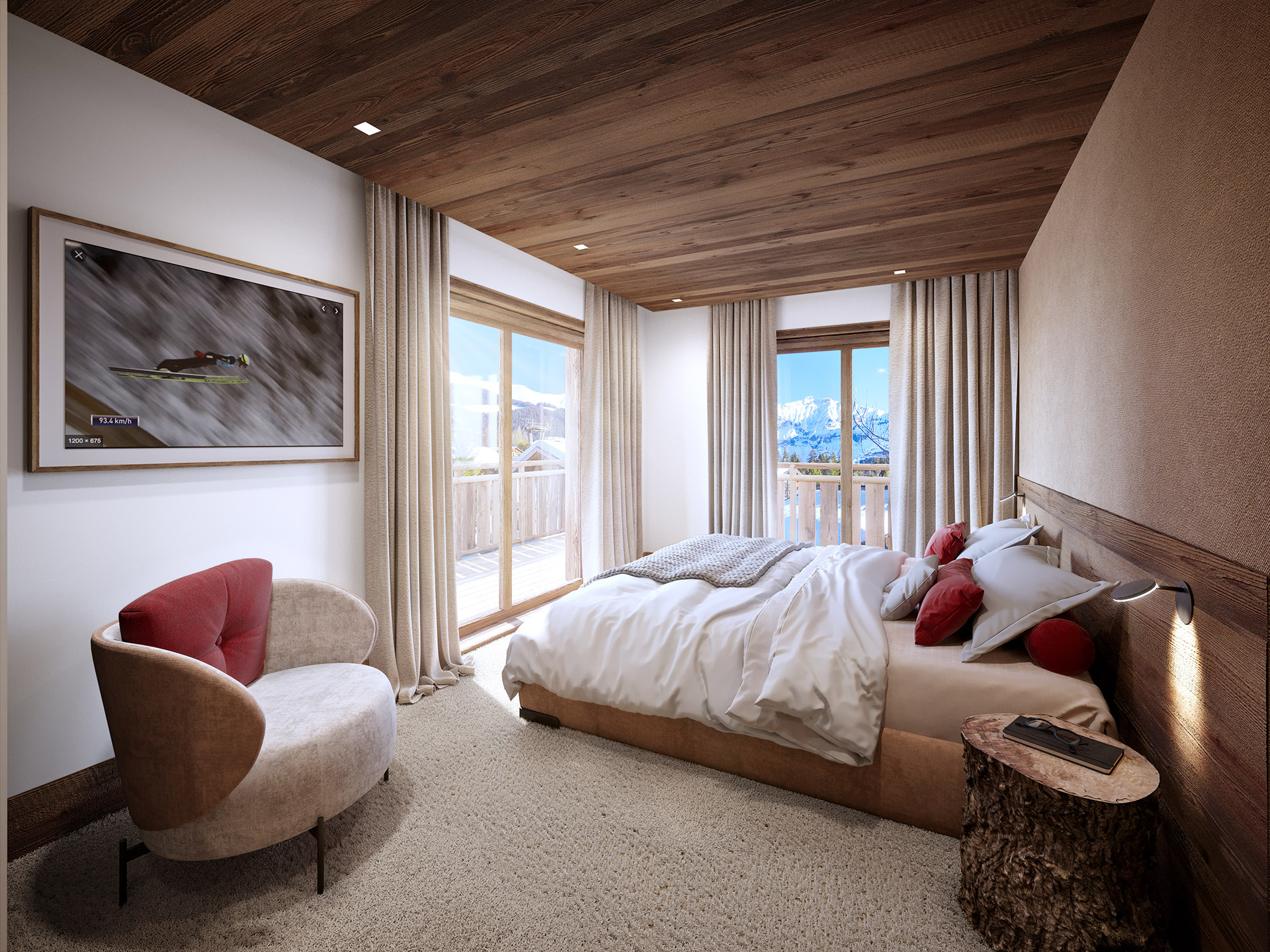 3D graphics of a room in a mountain chalet