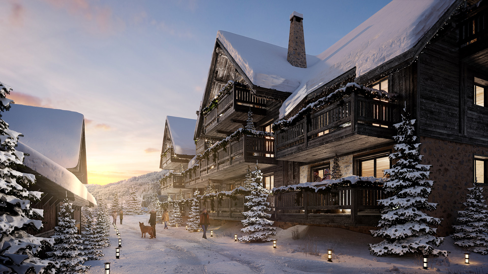 3D rendering of the exterior of a luxury chalet hotel at the end of the day