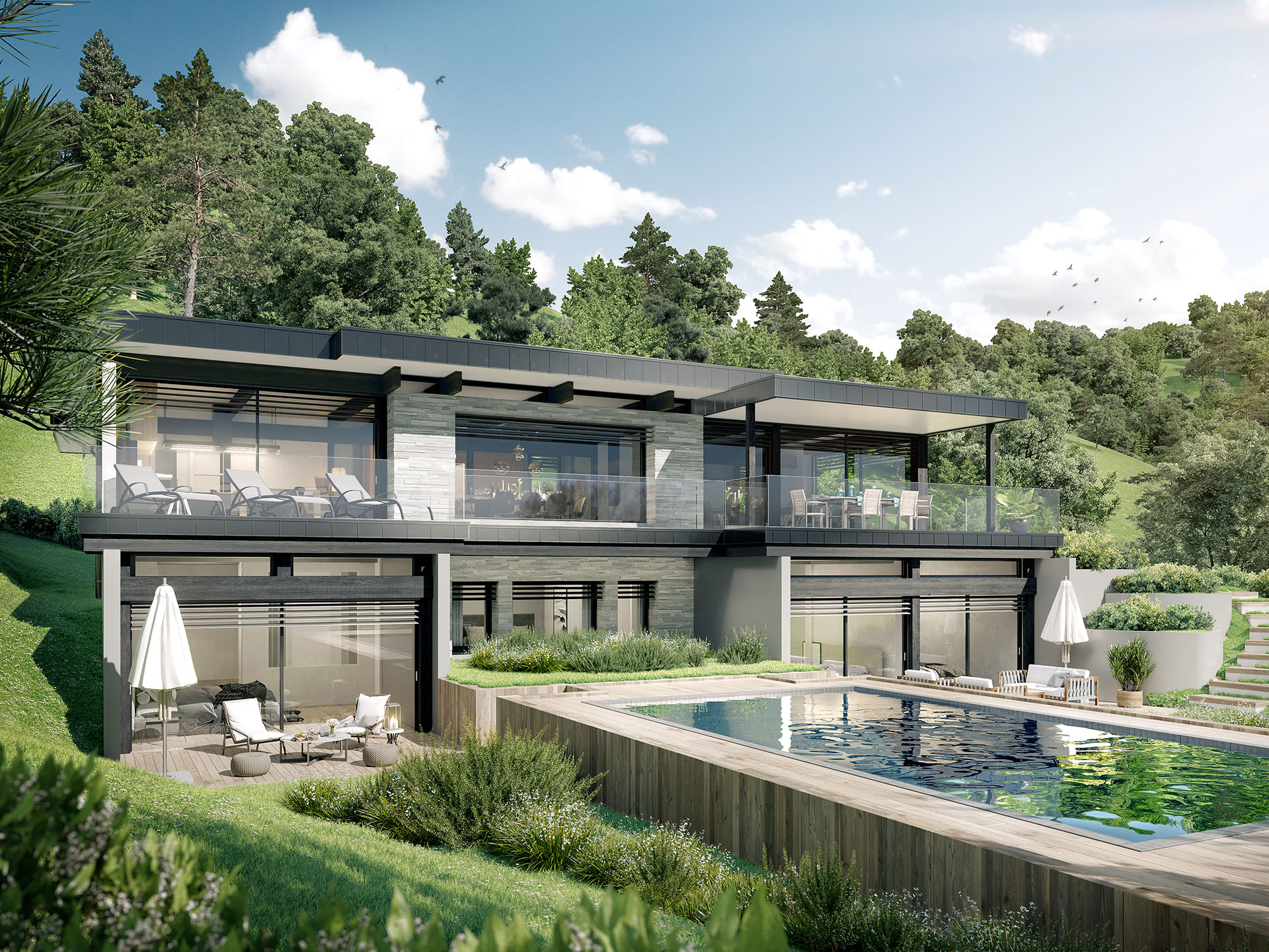 3D view of a modern and luxurious detached house with swimming pool